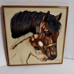 Ping Signed Glazed Ceramic Tile 3D Wall Art Textured Horses 8" x 7 3/4"